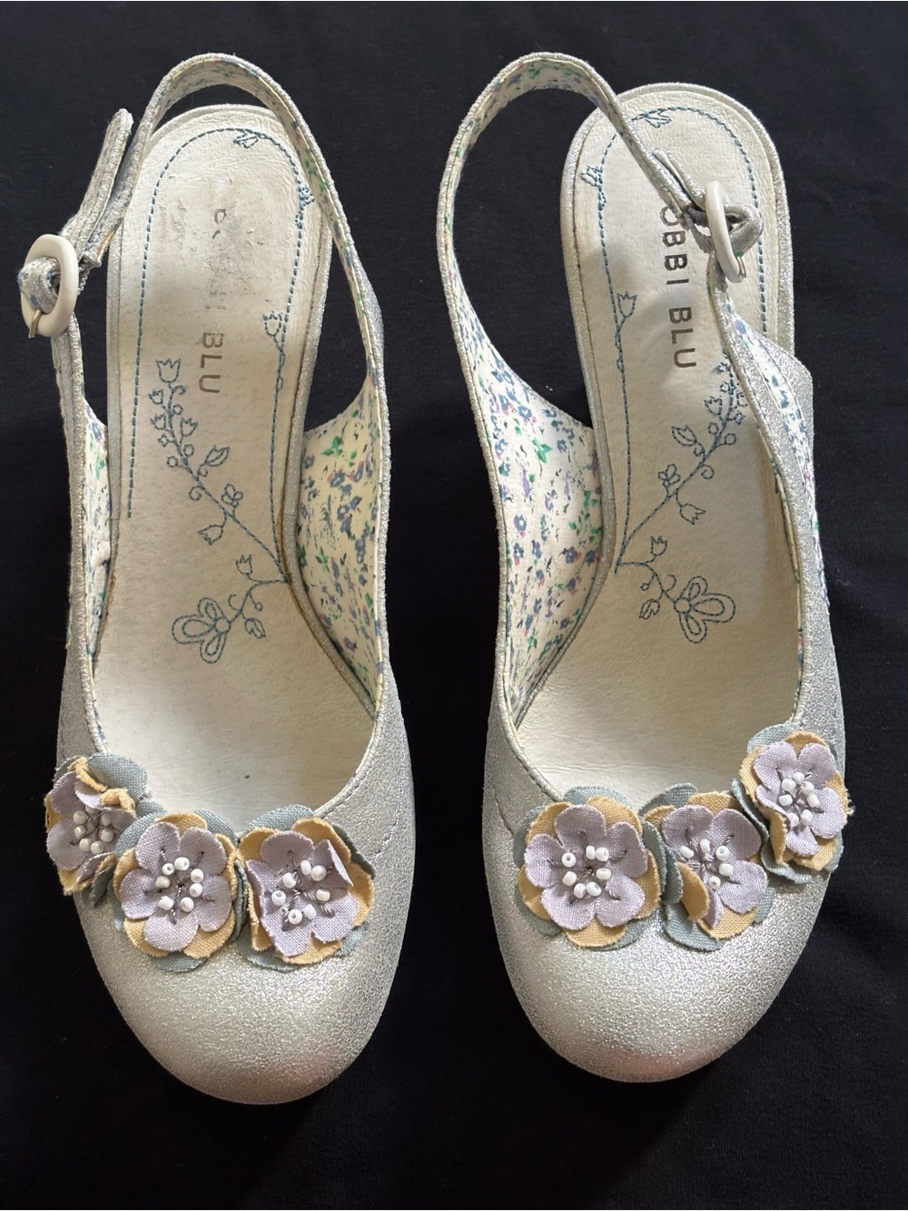 BOBBI BLU Vintage Floral Embellished Silver Slingback Heels